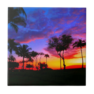 Blue Red Sunset Exotic Hawaiian Beach Palm Bäume Fliese