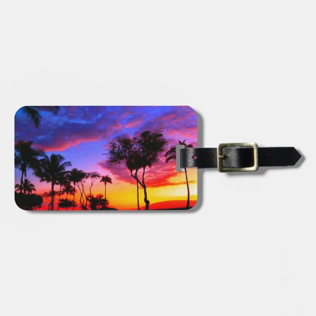 Blue Red Sunset Exotic Hawaiian Beach Palm Bäume Gepäckanhänger (Vorderseite horizontal)