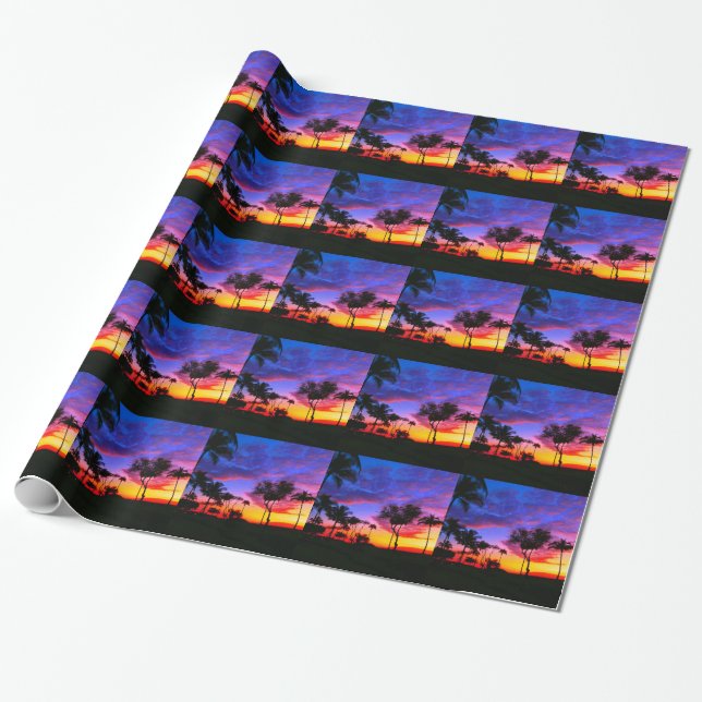 Blue Red Sunset Exotic Hawaiian Beach Palm Bäume Geschenkpapier (Ungerollt)