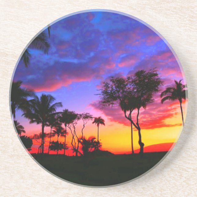 Blue Red Sunset Exotic Hawaiian Beach Palm Bäume Getränkeuntersetzer (Vorne)