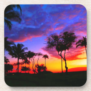 Blue Red Sunset Exotic Hawaiian Beach Palm Bäume Getränkeuntersetzer