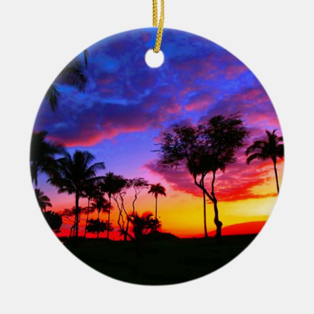 Blue Red Sunset Exotic Hawaiian Beach Palm Bäume Keramik Ornament (Vorne)