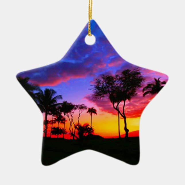 Blue Red Sunset Exotic Hawaiian Beach Palm Bäume Keramikornament (Vorne)
