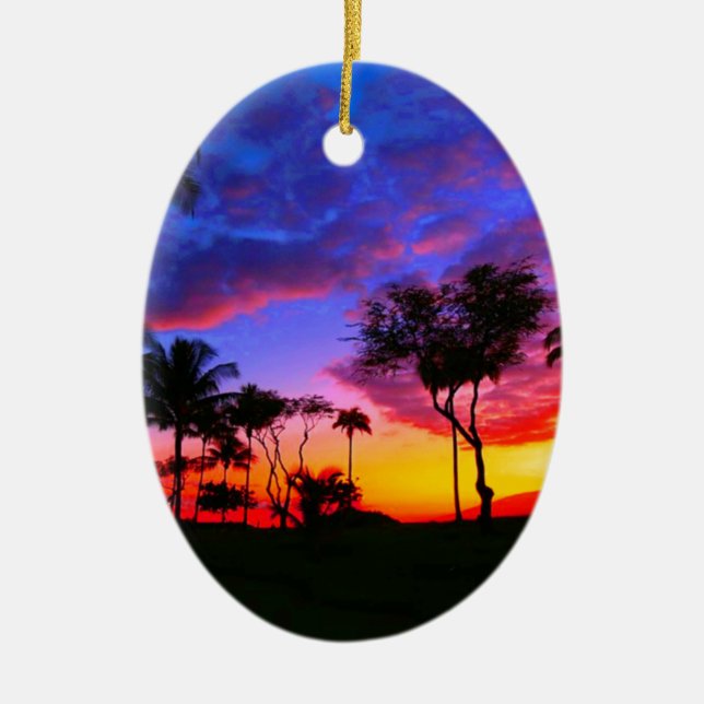 Blue Red Sunset Exotic Hawaiian Beach Palm Bäume Keramikornament (Vorne)