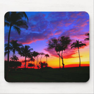 Blue Red Sunset Exotic Hawaiian Beach Palm Bäume Mousepad