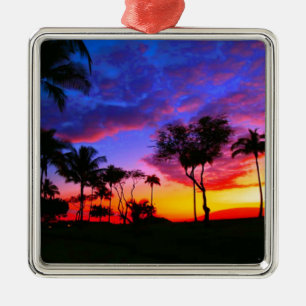 Blue Red Sunset Exotic Hawaiian Beach Palm Bäume Ornament Aus Metall
