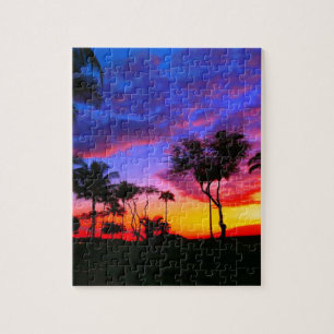 Blue Red Sunset Exotic Hawaiian Beach Palm Bäume Puzzle