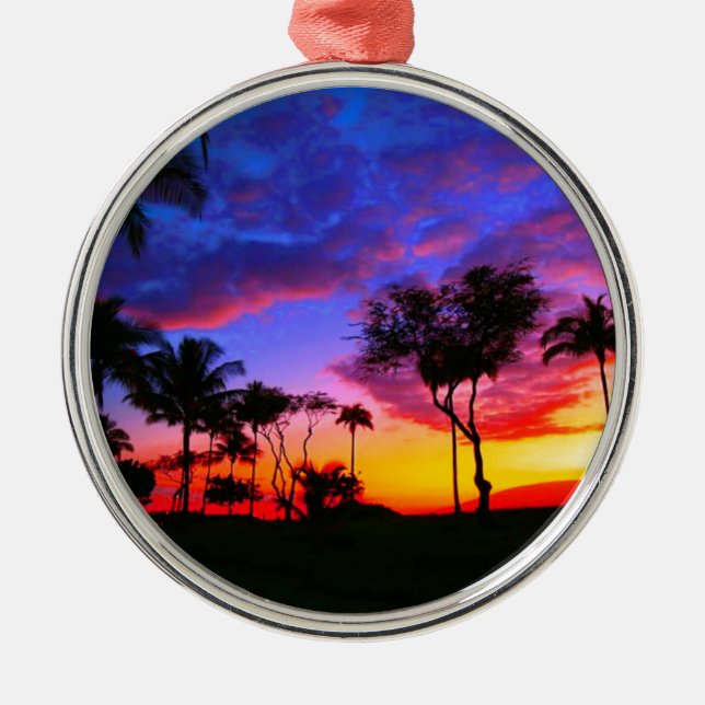 Blue Red Sunset Exotic Hawaiian Beach Palm Bäume Silbernes Ornament (Vorne)