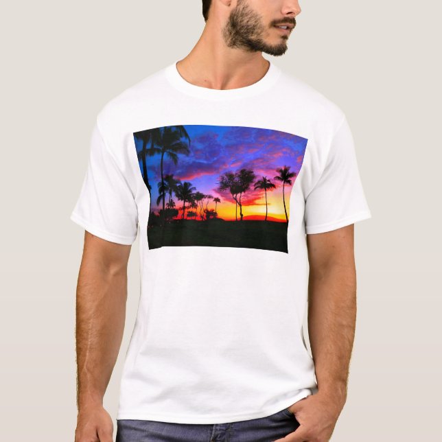 Blue Red Sunset Exotic Hawaiian Beach Palm Bäume T-Shirt (Vorderseite)