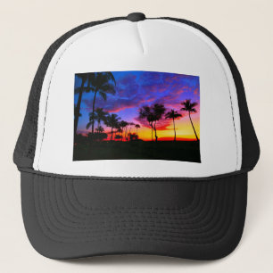 Blue Red Sunset Exotic Hawaiian Beach Palm Bäume Truckerkappe