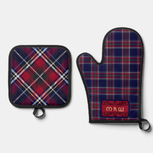 Blue Red Tartan Monogram in Celtic Lion Schriftart Ofenhandschuh & Topflappen-Set
