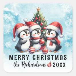 Blue Red Three Fun Pinguine Frohe Weihnachten Quadratischer Aufkleber