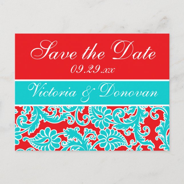 Blue Red White Damask Save the Date Postcard Ankündigungspostkarte (Vorderseite)