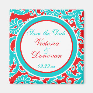 Blue Red White Damask Speichern Sie das Date Magne Magnet