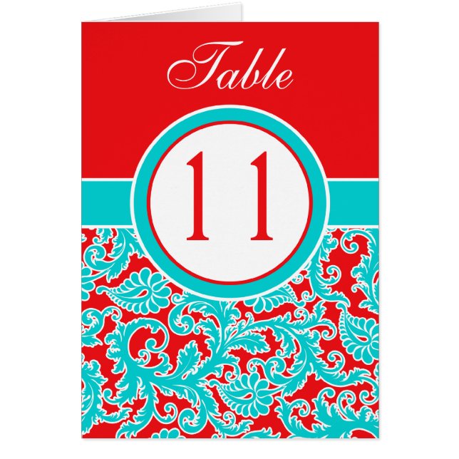 Blue Red White Damask Tischnummer Card (Vorne)