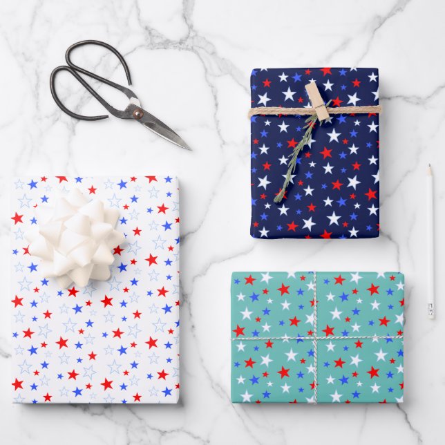 Blue Red White Stars Geschenkpapier Set (Vorderseite)