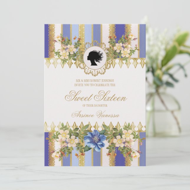Blue Regency Era 16 . Geburtstag Einladung (Stehend Vorderseite)