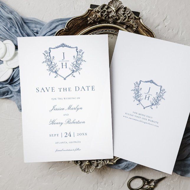 Blue Regency Floral Wappen Monogram Wedding Save The Date (Von Creator hochgeladen)
