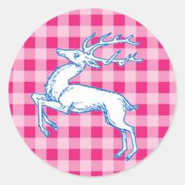 Blue Reindeer Pink Gingham Runder Aufkleber