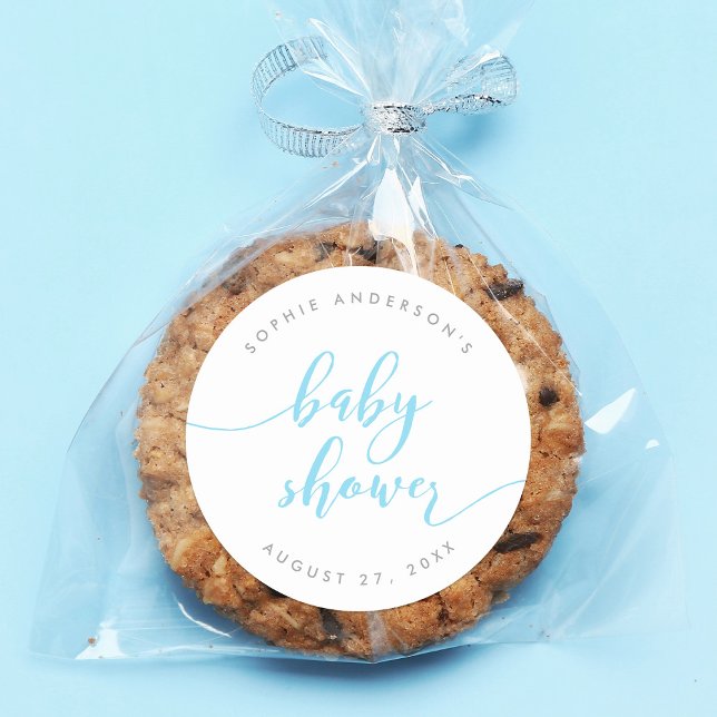 Blue Relax Script Baby Dusche Runder Aufkleber (Von Creator hochgeladen)