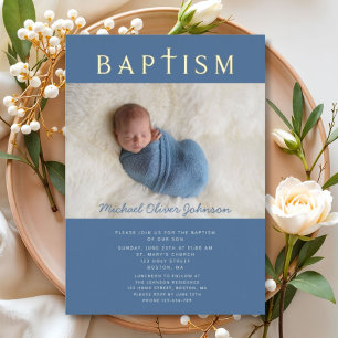 Blue Religious Cross Boy Baptism Foto Gold Folieneinladung