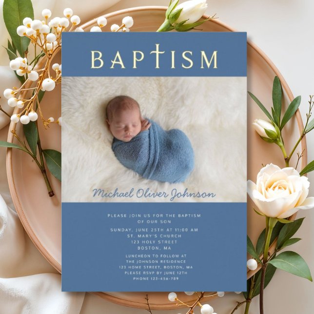 Blue Religious Cross Boy Baptism Foto Gold Folieneinladung (Blue Religious Cross Boy Baptism Photo Gold Foil Invitation)