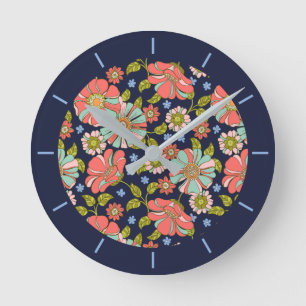 Blue Retro 70er Floral Pattern Runde Wanduhr