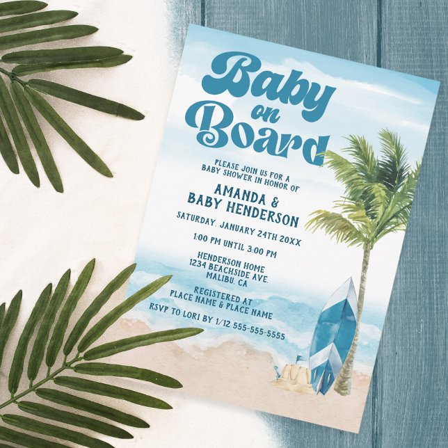 Blue Retro Baby on board Surf Baby Dusche Einladung (Von Creator hochgeladen)