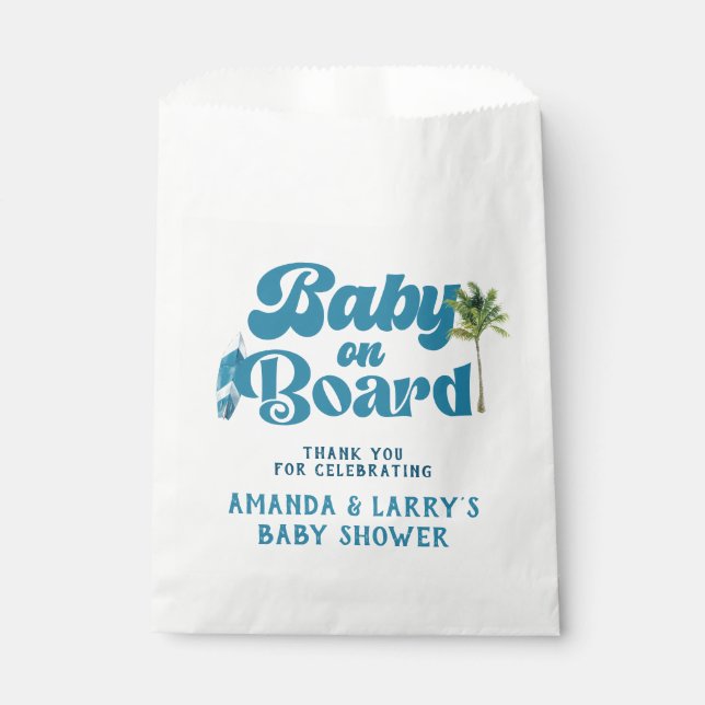 Blue Retro Baby on board Surf Baby Dusche Geschenktütchen (Vorderseite)