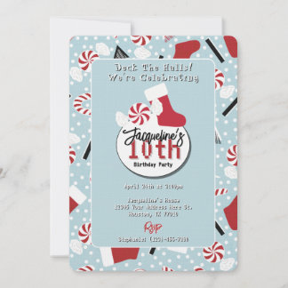 Blue Retro Christmas Peppermint Birthday Einladung