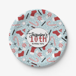 Blue Retro Christmas Peppermint Birthday Pappteller