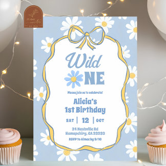 Blue Retro Daisy Coquette 1st Birthday Invitation Einladung