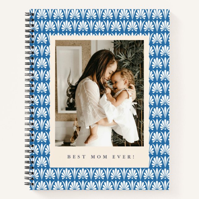 Blue Retro Floral Best Mom Ever Photo Mother's Day Notizbuch (Vorderseite)