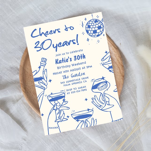 Blue Retro Hand Drawn Funky 30. Geburtstag Einladung (Von Creator hochgeladen)