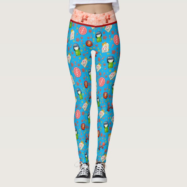 Blue Retro Japanisch Maneki Neko Cat und Geisha Leggings (Vorderseite)