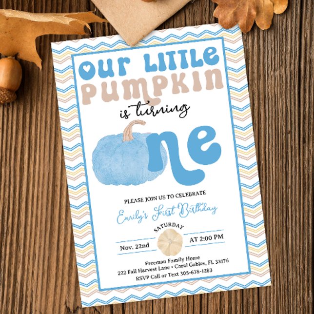 Blue Retro Pumpkin Birthday Invite Einladung (Retro Typography Blue Pumpkin Our Little Pumpkin Birthday Invitation)