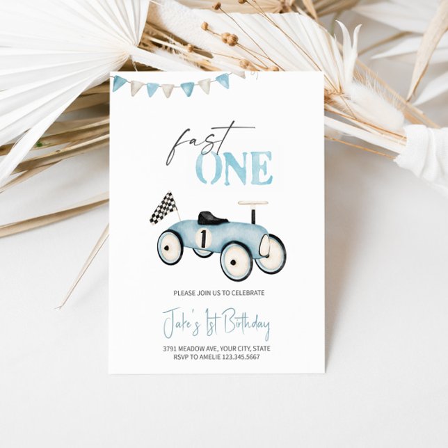 Blue Retro Race Car Race On Birthday Einladung (Von Creator hochgeladen)