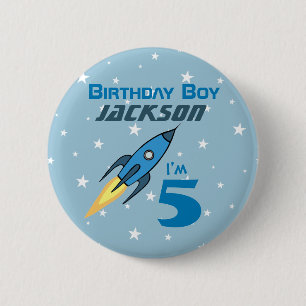 Blue Retro Raketenschiff Personalisiert Geburtstag Button