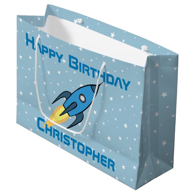 Blue Retro Raketenschiff Personalisiert Geburtstag Große Geschenktüte (Vorderseite Schrägansicht)