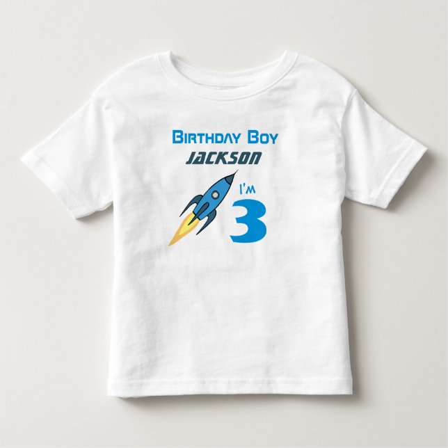 Blue Retro Rocket Ship Personalisierter Geburtstag Kleinkind T-shirt (Vorderseite)