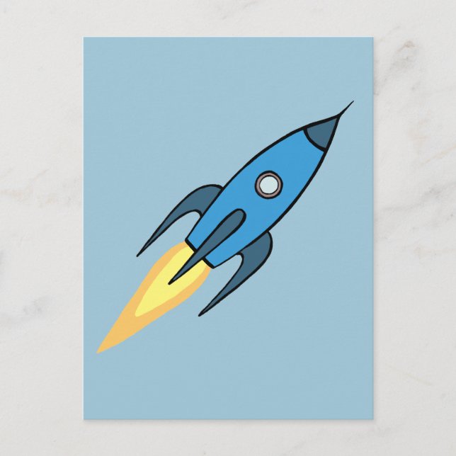 Blue Retro Rocket Ship Weltraumeinfach modern Postkarte (Vorderseite)
