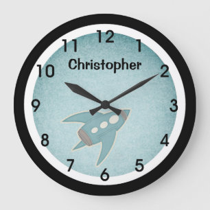 Blue Retro Space Ship Wall Clock Große Wanduhr