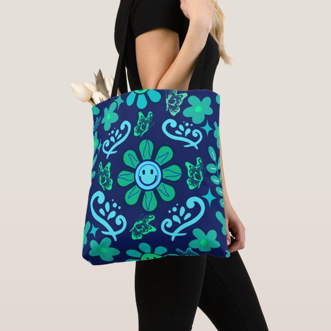 Blue Retro Style Floral and Sun Symbol Pattern (Von Nahem)