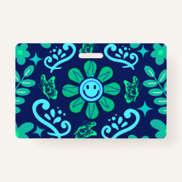 Blue Retro Style Floral and Sun Symbol Pattern Ausweis