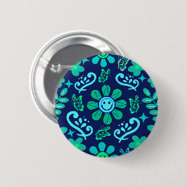 Blue Retro Style Floral and Sun Symbol Pattern Button