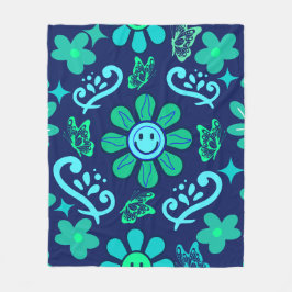 Blue Retro Style Floral and Sun Symbol Pattern Fleecedecke