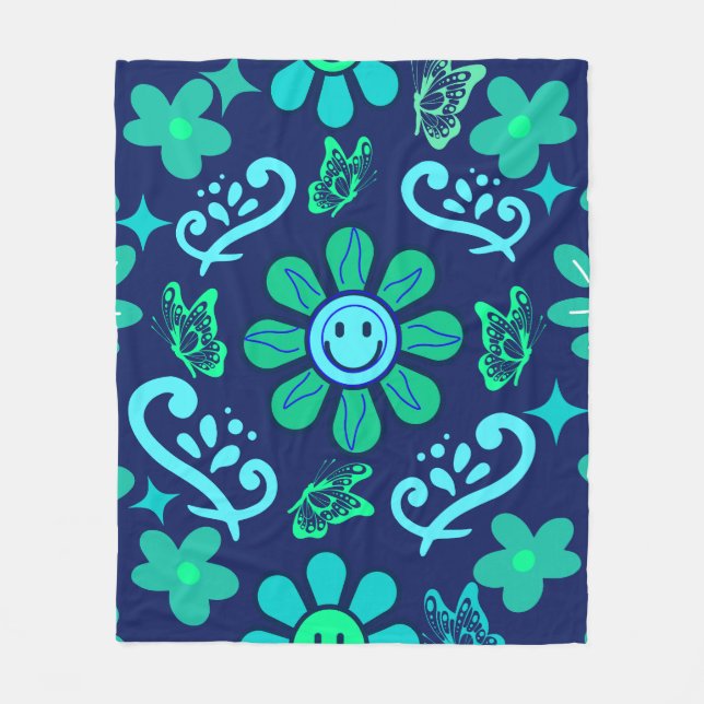 Blue Retro Style Floral and Sun Symbol Pattern Fleecedecke (Vorderseite)