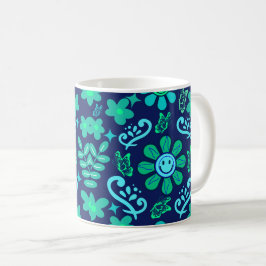Blue Retro Style Floral and Sun Symbol Pattern Kaffeetasse