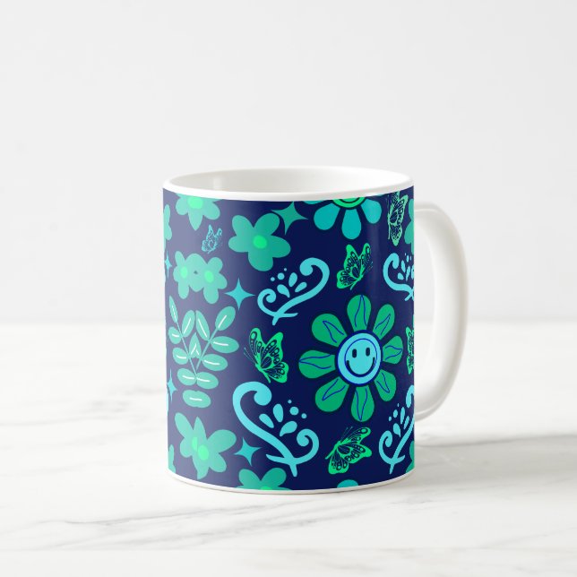 Blue Retro Style Floral and Sun Symbol Pattern Kaffeetasse (VorderseiteRechts)