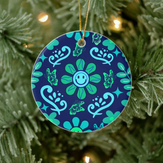 Blue Retro Style Floral and Sun Symbol Pattern Keramik Ornament (Baum)